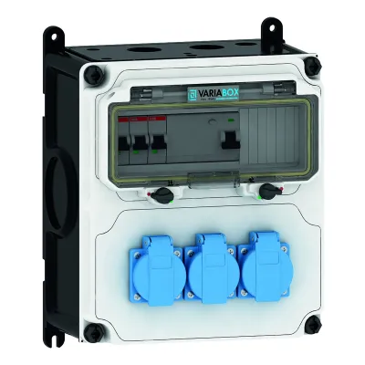 BALS Steckdosen-Kombination 89016 VARIABOX-M | 3 SCHUKO 16A | LS-Schalter | FI 40/0,03A | IP44 | Wandmontage | grau