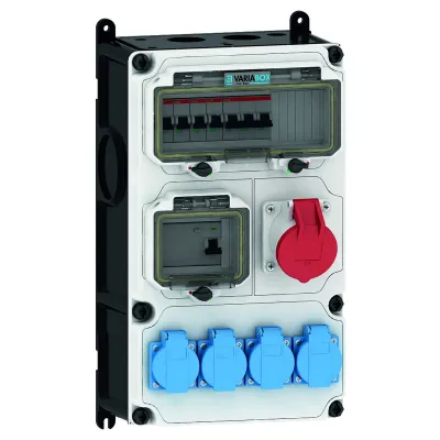 Bals Steckdosen-Kombination VARIABOX-L 89082 | CEE 16A 400V 5p | 4x Schuko | IP44 | FI-Schutz | Wandmontage | grau