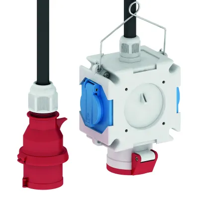 Bals Kreuzverteiler 54657 | CEE-Steckdose 16A 400V 5p | 2x Schuko 16A | IP44 | Kunststoffgehäuse | 2m Kabel | grau