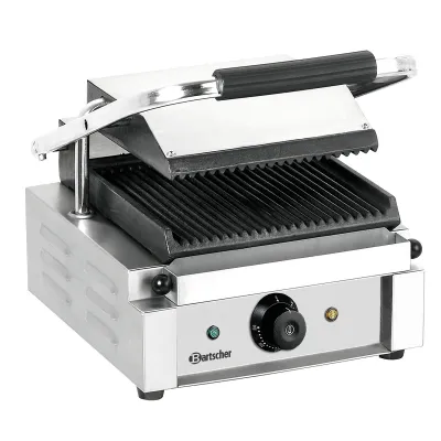 Bartscher Kontaktgrill | gerillte Gusseisenplatten | 1,8 kW | Thermostat | Edelstahl | 37x29 cm | silber