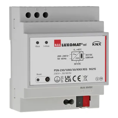 BEG KNX Spannungsversorgung PSN-230/1280/30/KNX | REG Hutschiene | 1300mA | 30V DC | LED-Anzeige | 4TE | grau