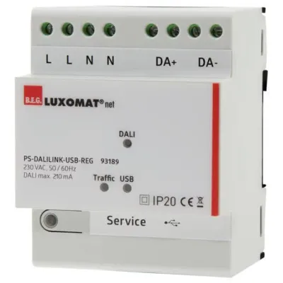 B.E.G. Netzteil PS-DALILINK-USB-REG | DALI Spannungsversorgung Hutschiene | 210mA | 16V | 4TE | LED-Anzeige | USB | Weiß