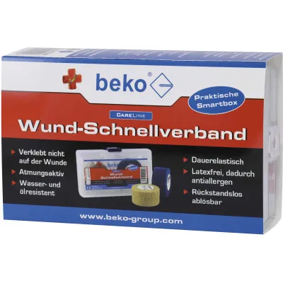 beko Wund-Schnellverband Box 2908002 | 2 Rollen à 4,5 m | elastisch, wasserfest, atmungsaktiv | steril | beige/blau