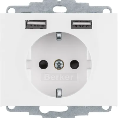 Berker Steckdose SCHUKO/USB | 48037009 | Unterputz | 2x USB Typ A Ladefunktion | polarweiß glänzend | IP20 | 16A