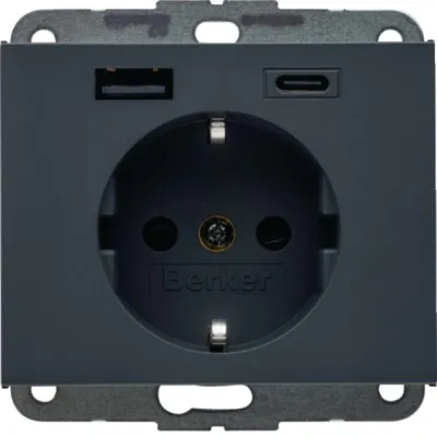 BERKER Steckdose SCHUKO mit USB-A & USB-C | 48147006 | AC 20W Power Delivery | Unterputz | Anthrazit matt