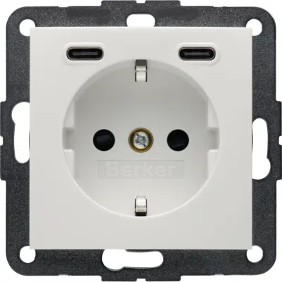 BERKER Steckdose 48158989 | SCHUKO mit 2x USB-C 20W PD | Unterputz | erhöht. Berührungsschutz | Polarweiß glänzend
