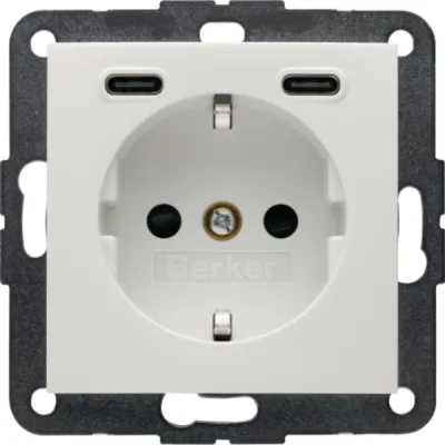 BERKER Steckdose 48158989 | SCHUKO mit 2x USB-C 20W PD | Unterputz | erhöht. Berührungsschutz | Polarweiß glänzend