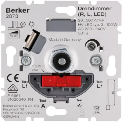 Berker Drehdimmer 2873 | 20-500W | Phasenanschnitt | Unterputz | Druck-Aus-Wechselschalter | 230V | halogenfrei