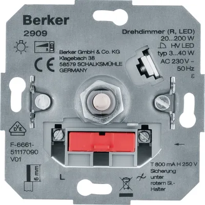 Berker Drehdimmer 2909 | LED Dimmer 230V 20-200W | Phasenanschnitt | Unterputz | IP20 | halogenfrei