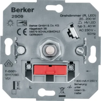 Berker Drehdimmer 2909 | LED Dimmer 230V 20-200W | Phasenanschnitt | Unterputz | IP20 | halogenfrei