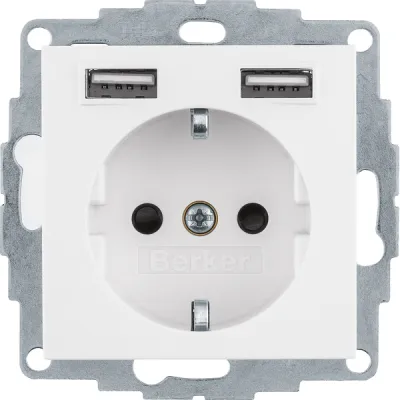 Berker Steckdose SCHUKO mit 2x USB-A 48031909 | Unterputz | 16A | 250V | IP20 | Kunststoff | polarweiß matt