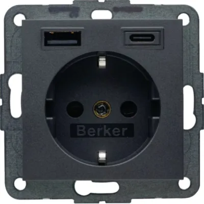 Berker Steckdose SCHUKO 48141606 | 1x USB-A & 1x USB-C | 20W Power Delivery | Unterputz | anthrazit matt