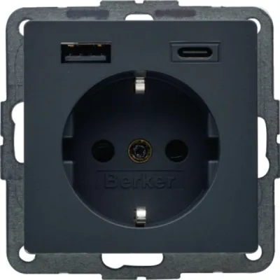 BERKER Steckdose SCHUKO USB 20W PD 48146086 | 1x USB-A & 1x USB-C | Unterputz | erhöht. Berührungsschutz | anthrazit