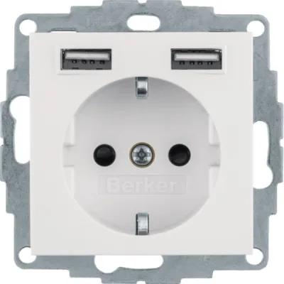 Berker Steckdose SCHUKO mit 2 USB-A Ladeports 48036089 | Unterputz | 16A 250V | polarweiß matt | IP20 | Q.1/Q.3/Q.7/Q.9