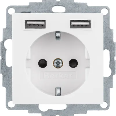 Berker Steckdose SCHUKO mit 2 USB-A Ladeports 48036089 | Unterputz | 16A 250V | polarweiß matt | IP20 | Q.1/Q.3/Q.7/Q.9