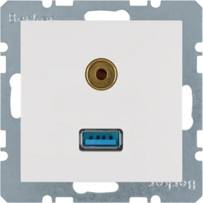 Berker USB/Audio Steckdose 3315398989 | 2-fach USB Typ A & 3,5mm Klinke | polarweiß glänzend | Unterputz | S.1/B.3/B.7