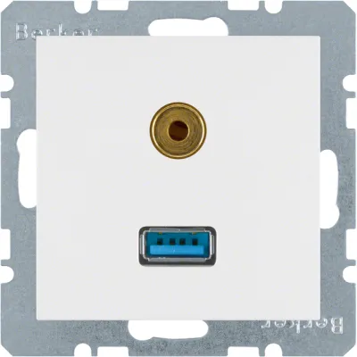 Berker USB/Audio Steckdose 3315398989 | 2-fach USB Typ A & 3,5mm Klinke | polarweiß glänzend | Unterputz | S.1/B.3/B.7