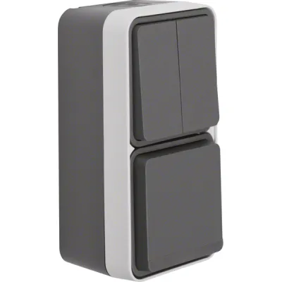 Berker Schalter-Steckdosenkombination 47903515 | Serienschalter & SCHUKO | IP55 Aufputz | Klappdeckel | vertikal | grau