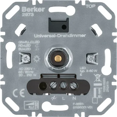 Berker Universal-Drehdimmer 2973 | 230V | 20-210W | LED geeignet | Unterputz | Dreh-/Druckknopf | Helligkeitsspeicher