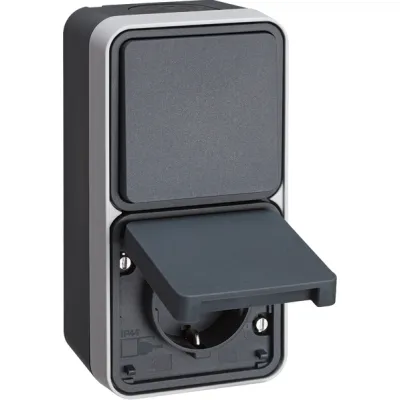 Berker Wechselschalter-Steckdosenkombination 47803525 | SCHUKO | Aufputz IP55 | 1-fach | Klappdeckel | vertikal | grau