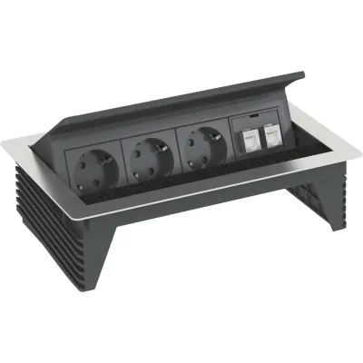 OBO Bettermann Deskbox DBK2-D4 D3S2K Einbau-Tischsteckdose 3x Schuko 2x CAT6 RJ45 | klappbar | Edelstahl | schwarz