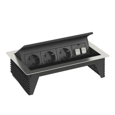 OBO Bettermann Deskbox DBK2-D4 D3S2K Einbau-Tischsteckdose 3x Schuko 2x CAT6 RJ45 | klappbar | Edelstahl | schwarz
