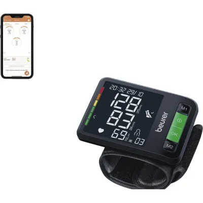 Beurer Blutdruckmessgerät BC 87 BT | Handgelenkmessung | Bluetooth | 120 Speicher | Arrhythmie-Anzeige | XL | Schwarz
