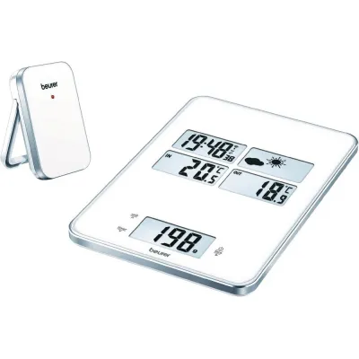 Beurer Küchenwaage KS 80 / 708.30 | digital bis 5 kg | integrierte Wetterstation | Temperaturanzeige | Timer | weiß