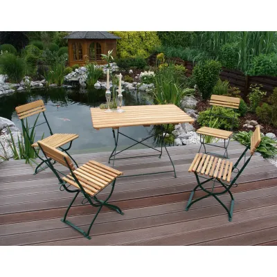 FRG Biergarten Garnitur MÜNCHEN 5-teilig | Klappbar | Tisch 70x110 cm | 4 Stühle | Robinienholz | Flachstahl moosgrün