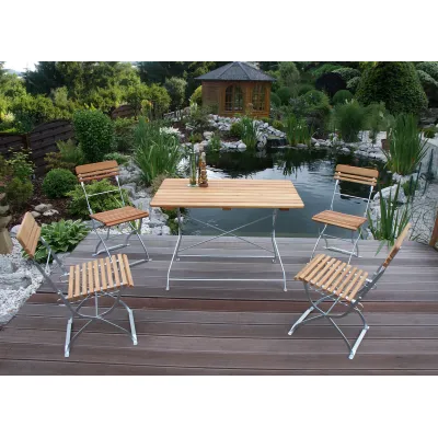 FRG Biergarten Garnitur MÜNCHEN 5-tlg. | klappbar | Tisch 70x110cm | 4 Stühle | Flachstahl | Robinienholz | Gartenmöbel
