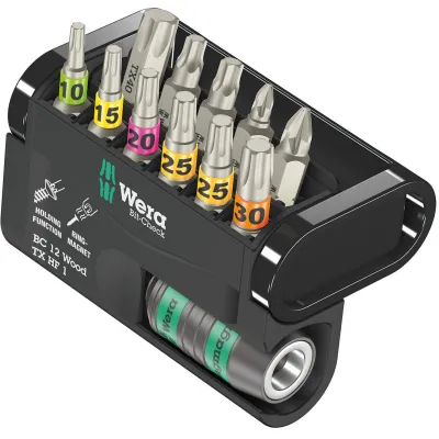 Wera Bit-Set Bit-Check 12 Wood TX HF 1 | 05057435001 | TORX HF, 12-tlg. | Magnethalter | Holzbearbeitung | Box
