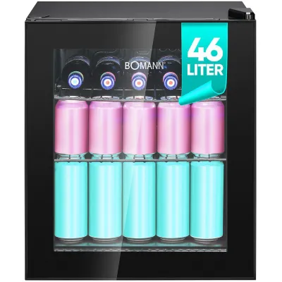 Bomann Getränkekühlschrank KSG 7291 | Glastür 46L | Mini Kühlschrank leise 42dB | 2 Ablagen | LED | Schwarz