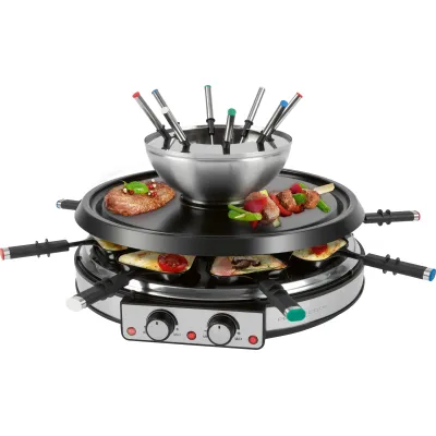 ProfiCook Raclette Fondue Kombination PC-RG/FD 1245 | 2in1 Tischgrill für 8 Personen | rund Ø 40 cm | Antihaft | inox