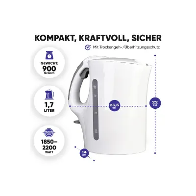 Bomann Wasserkocher WK 6079 CB | kabellos 1,7 l | 2200 W | Kalkfilter | Abschaltautomatik | Kunststoff weiß Hochglanz