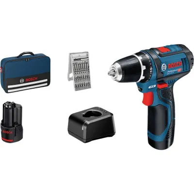 Bosch Professional Akku-Bohrschrauber GSR 12V-15 | 12V | 2x 2.0Ah Akku & Ladegerät | 25-tlg. Bit-Set | kompakt | blau