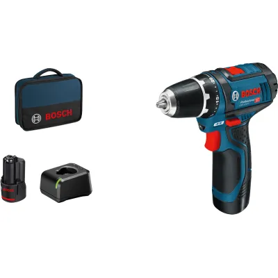 Bosch Akku-Bohrschrauber GSR 12V-15 | 12V 2x2,0Ah Li-Ion | 2-Gang | 10mm Bohrfutter | LED-Licht | kompakt | blau