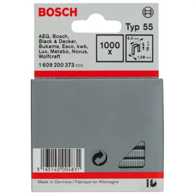 Bosch Tackerklammern 1609200373 Typ 55 | Schmalrückenklammer 19 mm x 6 mm x 1,08 mm | 1000 Stück | silberfarben