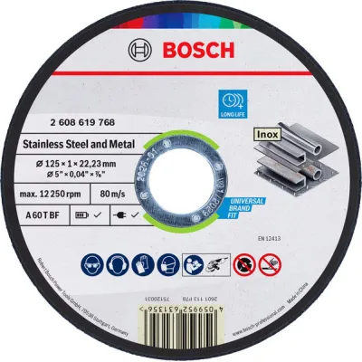 Bosch Trennscheibe Metall 125 mm x 1 mm | Bohrung 22,23 mm | Aluminiumoxid | 100 Stück Eimer | Winkelschleifer