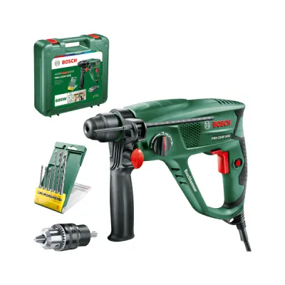 Bosch Bohrhammer PBH 2500 SRE 0603344402 | 600W SDS-plus | inkl. 6-tlg. Bohrerset, Koffer, Zusatzhandgriff | Grün