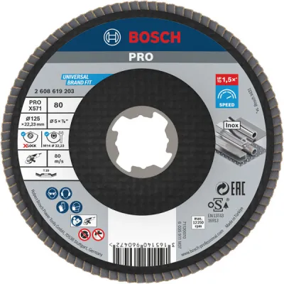 BOSCH Fächerschleifscheibe X571 2608619203 | X-LOCK | 125mm x 22,23mm | Korn 80 | für Metall | Aluminiumoxid-Zirkonia