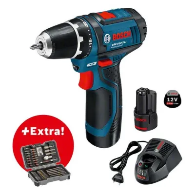 Bosch Professional Akku-Bohrschrauber GSR 12V-15 | 2x 2,0Ah Li-Ion Akku | 43-tlg. Bit-Set | Ladegerät | 30 Nm