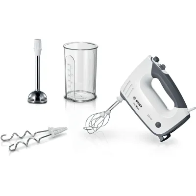 Bosch Handmixer MFQ37470 | 750 Watt | 5 Stufen + Turbo | Edelstahl Mixfuß & Knethaken | Mixbecher | weiß/grau