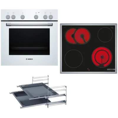 Bosch Einbau-Herdset HND211GW62 | Glaskeramik-Kochfeld 60cm | 5 Beheizungsarten | Teleskopauszüge | A | Weiß