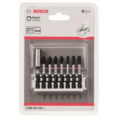 Bosch Bit-Set 2608522326 | Impact Control Schrauberbits 8-tlg 50mm | PH2 | PZ2 | TX T20-T30 | Magnethalter