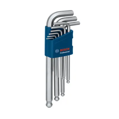 Bosch Innensechskantschlüssel-Set 1600A01TH5 | 9-teilig | S2-Stahl | Kugelkopf | Größen 1,5–10 mm | Winkelschlüssel