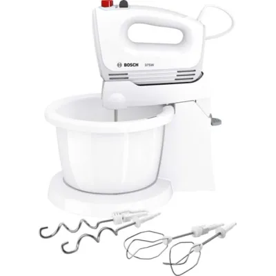Bosch Handmixer MFQ2600W CleverMixx | 375W | 4 Stufen & Turbo | mit Schüssel & Ständer | Edelstahl-Knethaken | Weiß