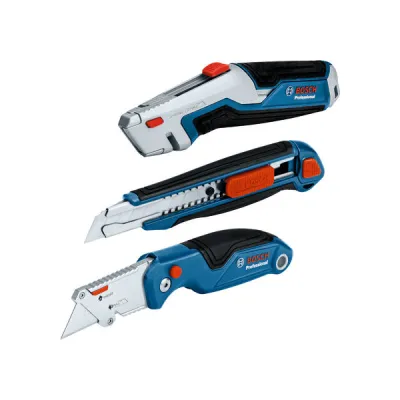 Bosch Messer-Set 3-teilig 1600A027M4 | Profi Messerset | Aluminiumgriff | Werkzeugloser Klingenwechsel | Blau