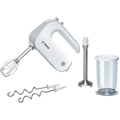Bosch Handmixer MFQ4070 | 500 Watt | 5 Stufen | Edelstahl-Mixfuß | FineCreamer-Besen | Weiß/Silber