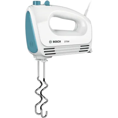 Bosch Handmixer MFQ2210D | 375 Watt | 4 Stufen & Turbo | Edelstahl-Rührbesen & Knethaken | Weiß/Dynamic Blue