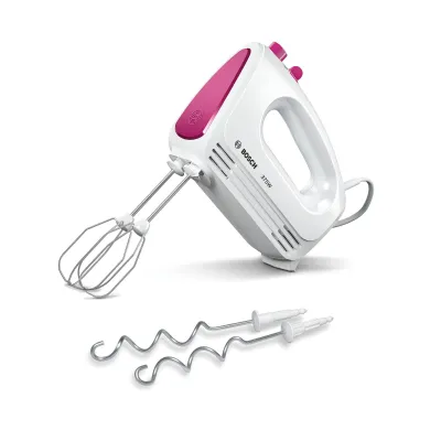 Bosch Handmixer MFQ2210P | 375 Watt | 4 Stufen & Turbo | Edelstahl Knethaken & Rührbesen | BPA-frei | weiß/wild purple
